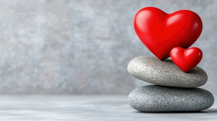 Fototapeta premium Balanced Love Red Hearts Resting on Stacked Grey Stones