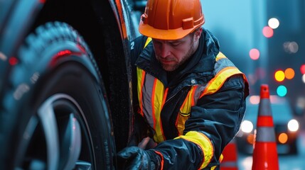 Urban roadside assistance close-up flat tire repair in action