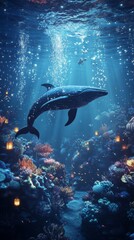 Fototapeta premium blank mockup template filled with an underwater scene where translucent whale spirits swim among coral reefs, surrounded by floating lanterns