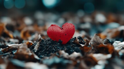 Fototapeta premium Lost Love A Red Heart in Autumn Leaves