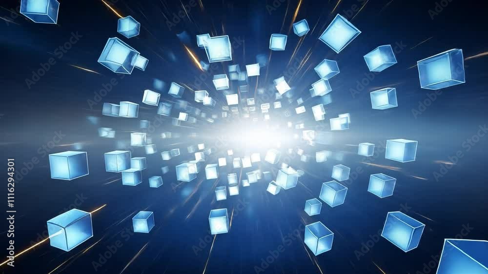Leinwandbilder Digital Vortex: A mesmerizing abstract background with blue cubes swirling around a bright white center, symbolizing the rapid pace and boundless potential of the digital age.  