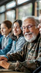 Fototapeta premium Generational Learning: A Senior Engages with Technology in a Diverse Setting