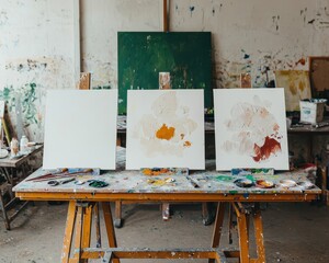 An artist's workspace featuring three blank canvases on easels, surrounded by paint splatters, evoking a creative and vibrant atmosphere.