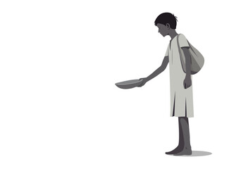 A minimalist black-and-white vector illustration of a ragged male beggar standing, holding a bowl, and pleading for help. The design reflects poverty, despair, and the struggle for survival.