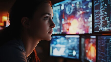 Naklejka premium Intriguing Focus on Digital Screens: A Woman Deep in Technological Analysis