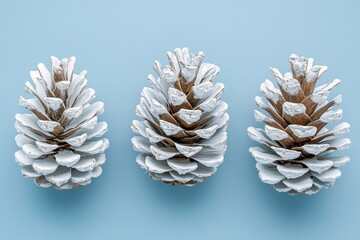 Three white and silver pine cones on light blue background, minimalist flat lay concept, high-resolution photography.