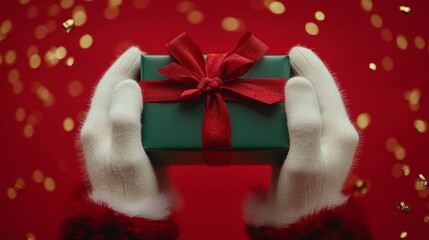 Santa holding green gift against festive red background