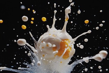 High-Definition Splash of Liquid from an Egg Breaking Against a Dark Background Creating an Artistic and Dramatic Visual Impact for Culinary or Food Related Themes