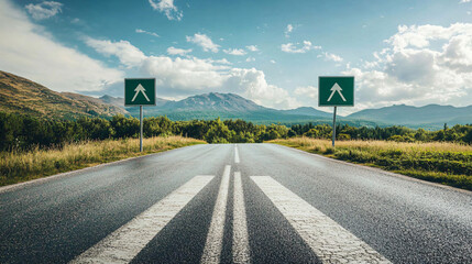 A highway exit ramp with clear direction signs for multiple destinations.