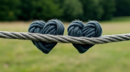 Fototapeta premium Two Knitted Hearts Tied Together on a Rope Against a Blurred Green Background