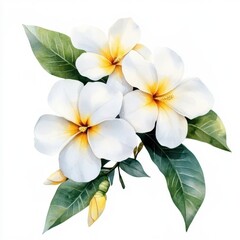 Naklejka premium Watercolor Frangipani Blossoms with Green Leaves