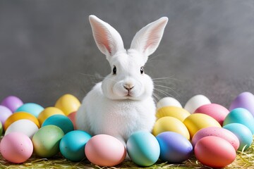 Adorable White Easter Bunny Nestled Among Vibrant Pastel Eggs