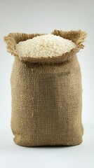 background featuring jasmine rice in a coarse burlap sack against a white backdrop. This creative design emphasizes the natural beauty and quality of rice, showcasing essential design elements for AI-