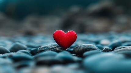 Fototapeta premium Small Red Heart on Dark Grey Stones - Symbol of Love and Hope
