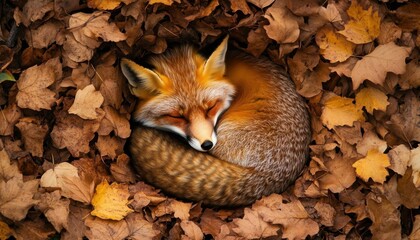 Fototapeta premium A fox curled up in a nest of autumn leaves, showcasing nature's beauty.