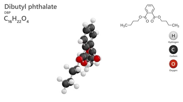 Dibutyl Phthalate. Plasticizer. Animated 3D model of a molecule. Molecular formula: C16H22O4. Chemical model: Ball and stick. White background. 3D rendering. Seamless loop.