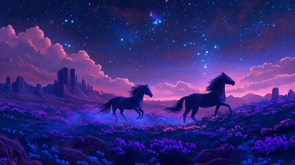 Naklejka premium Abstract illustration of horses running in a mystical environment, starry sky and planets