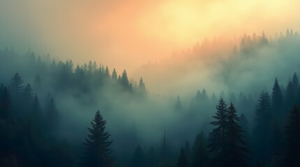 Fototapeta premium Misty landscape featuring a fir forest in a vintage retro aesthetic