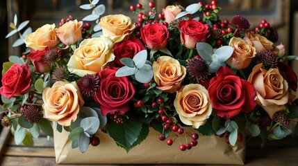 Fototapeta premium Arrangement of multi-colored roses wrapped in brown paper