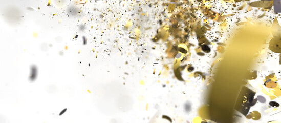 Abstract background with golden confetti and black circles exploding on a white background. Perfect for celebration, party, or festive designs.