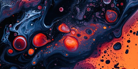 Abstract red and dark blue paint with bubbles, bubbles in the liquid paint
