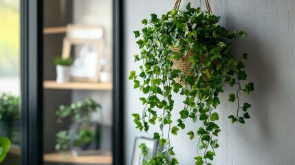 Fototapeta premium Artificial ivy cascading from a decorative wall-mounted pot in a stylish urban apartment