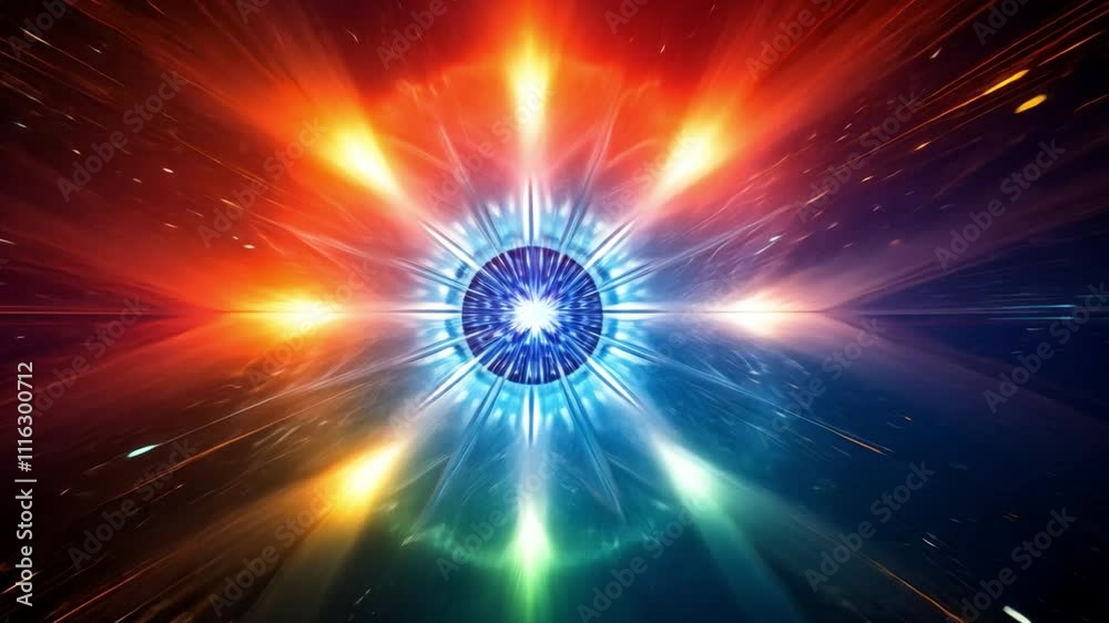Aufkleber Cosmic Convergence: A vibrant, abstract design featuring a circular, metallic object surrounded by radiating beams of light. The colors are bold and dynamic, creating a sense of movement and energy.