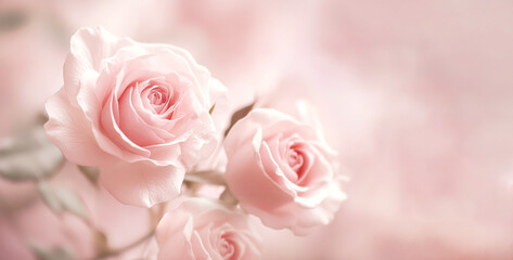 Obraz premium Soft pink roses in full bloom against a dreamy pastel background, evoking feelings of romance, elegance, and tranquility