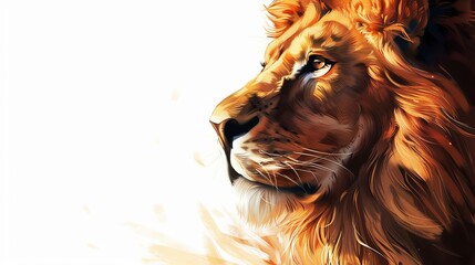 Majestic lion profile with a vibrant mane and piercing gaze against a light background.