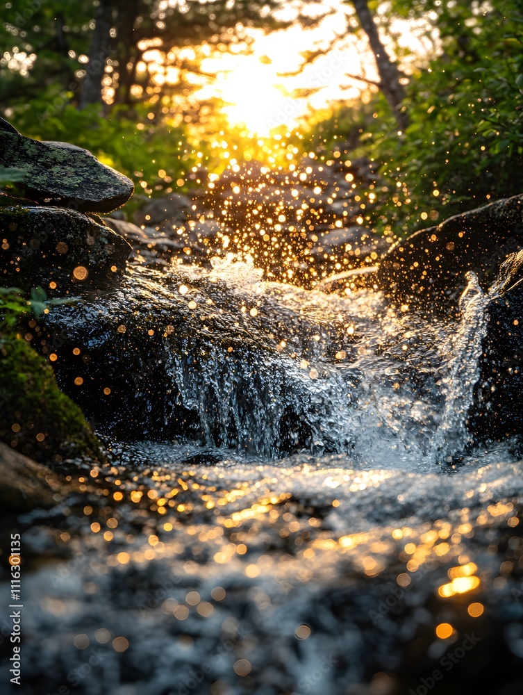 Poster glimmering waterfall at sunset with sparkling droplets and lush greenery surroundings captured in a 