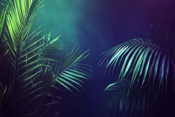 Lush Tropical Jungle Scene with Green Palm Leaves Against a Mysterious Dark and Ethereal Background Featuring Soft Blue and Purple Tones