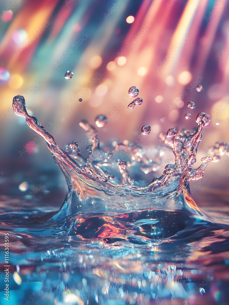 Poster Vibrant Water Splash with Multicolored Background Reflecting Light and Creating a Dreamy Atmosphere in a Captivating Visual Experience for Artistic Projects