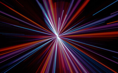 Futuristic data flow. Explosion effect. Sci-fi Motion wallpaper. Neon Glowing Rays in Motion. Hyper Speed Space Travel Concept. High speed concept, fast drive motion blurry focus of lightning 

