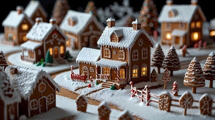 A small town scene with gingerbread houses and a Christmas tree. The houses are decorated with frosting and the street is covered in snow. Scene is festive and cozy
