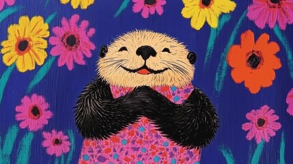 Obraz premium Smiling Sea Otter with Flowers