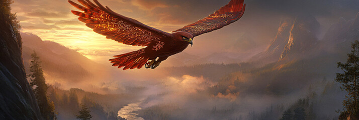 A hawk adorned with radiant runic tattoos in crimson and bronze, flying over a mist-covered valley at dawn, its reflection shimmering in the river below. 