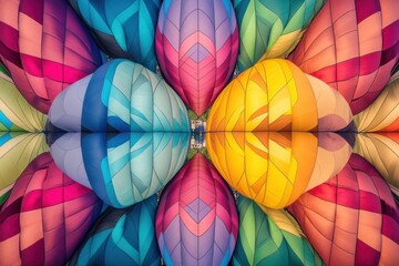 Fototapeta premium Colorful hot air balloons arranged in a symmetrical pattern.