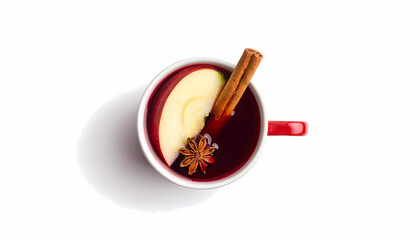 Warm Mulled Wine Drink in Red Mug with Apple Cinnamon and Star Anise   Autumn Winter Hot B