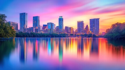 Obraz premium Vibrant city skyline at sunset with reflections on calm water