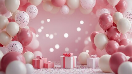Pink and white balloons, gifts, confetti. Festive background.