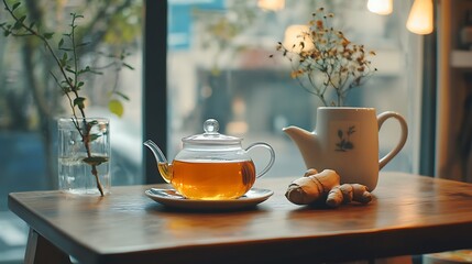 A herbal tea with ginger, lemon, and honey placed on a table, perfect for boosting immunity during the colder months 