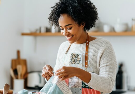 Seamstress smiling while sewing patchwork fabric at home