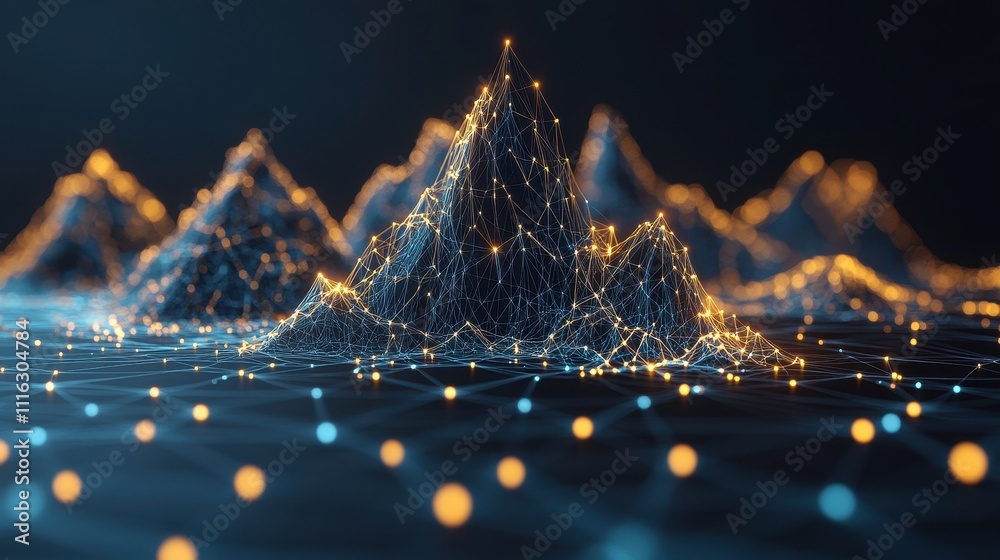 Wall mural abstract digital landscape with glowing mountain range, interconnected network of lines and points.