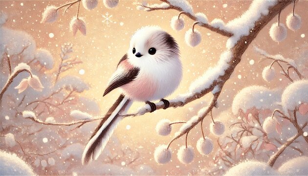 Whimsical Winter Moment with Long-Tailed Tit Perched on a Snow-Draped Branch in Gentle Pastel Hues