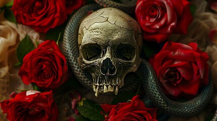 Human Skull Surrounded by Red Roses and Snake