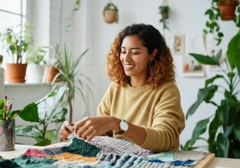Young woman weaving colorful tapestry on loom, enjoying creative hobby in her home studio filled with plants