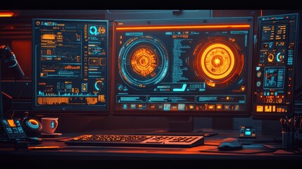 Obraz premium Futuristic Tech Workspace Orange Blue Digital Interface Monitors Desk Setup