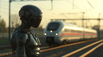Fototapeta premium background featuring a foreground robot with a backdrop of railway elements and a high-speed train station, designed in a cyberpunk style. This creative composition utilizes 3D rendering techniques, s