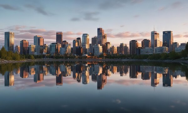 Reflections of the Anchorage Downtown Skyline in a calm lake or pond, creating a serene atmosphere , Lake View, Downtown