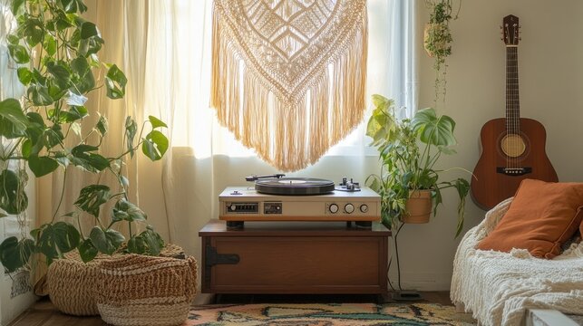A bohemian-style room with a vintage turntable and macram wall hangings
